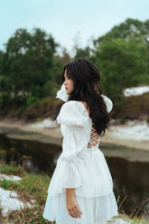 Silk Corset Mini Dress with Puff Sleeves, Lace-Up Back, and Tiered Skirt for Romantic Summer Days